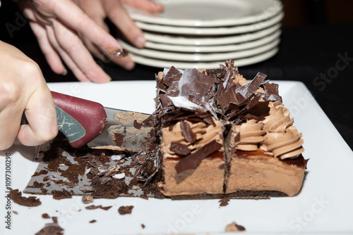 Un delicioso pastel de chocolate es cuidadosamente cortado, simbolizando el comienzo de un momento compartido y especial. La textura rica del chocolate y la disposición elegante resaltan el placer de  photo