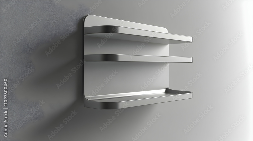 Modern minimalist three-tiered wall-mounted shelf against a light grey background. Modern minimalist three-tiered wall-mounted shelf against a light grey background.