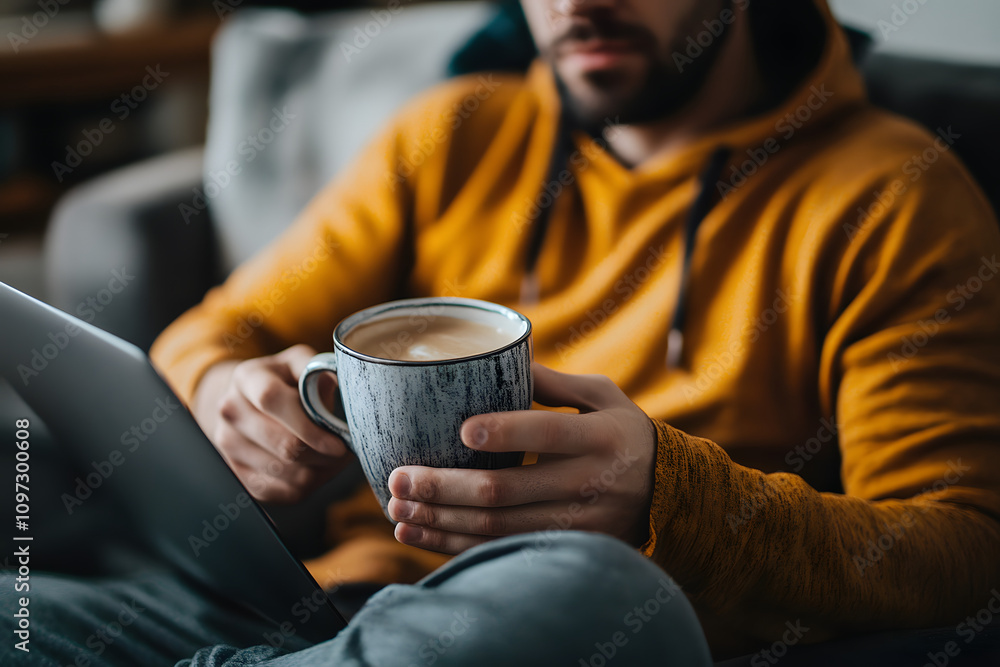 Cozy morning routine with coffee and laptop in a warm living room setting, perfect for work or relaxation Cozy morning routine with coffee and laptop in a warm living room setting, perfect for work or relaxation