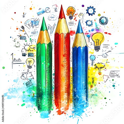  A colorful pencil with arrows pointing up and down design symbolizes the growth of ideas in business or education. The arrows are made from different color designs, such as red for energy design,  photo