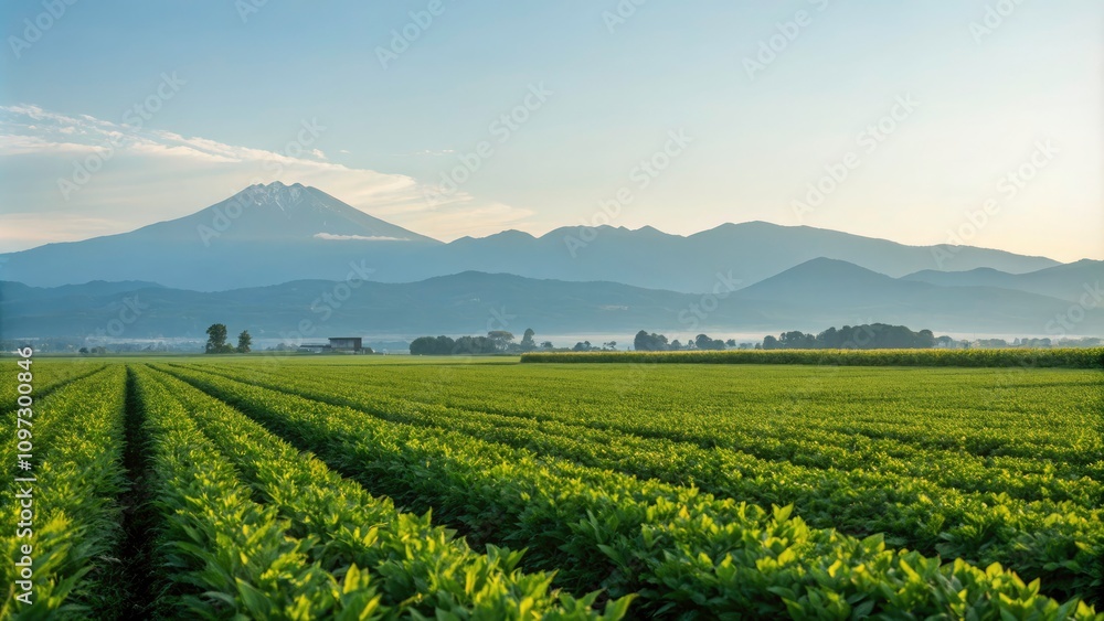 Fototapeta premium Serene Minimalist Landscape of Green Plants with Majestic Mountain Backdrop, Nature's Tranquility, Scenic Views, Peaceful Wilderness, Lush Vegetation, Outdoor Serenity