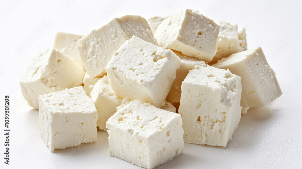 Cubes of feta cheese are isolated on a white background Cubes of feta cheese are isolated on a white background
