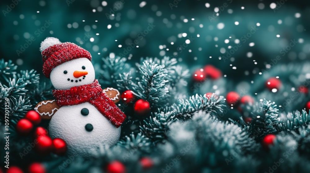 Cute snowman in a festive red hat surrounded by vibrant evergreen branches and delicate snowflakes, embodying Christmas spirit and wintertime serenity Cute snowman in a festive red hat surrounded by vibrant evergreen branches and delicate snowflakes, embodying Christmas spirit and wintertime serenity