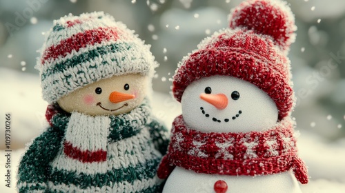 Two cozy snowmen in red and white knit hats and scarves nestled together on a snow covered landscape with a festive, snowy ambiance and glowing background