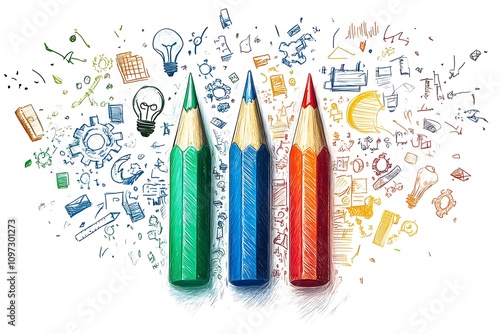  A colorful pencil with arrows pointing up and down design symbolizes the growth of ideas in business or education. The arrows are made from different color designs, such as red for energy design,  photo