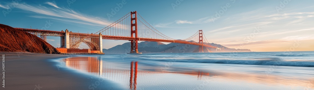 A stunning sunset view of the Golden Gate Bridge, reflecting in the tranquil waters, framed by golden sands and gentle waves. A stunning sunset view of the Golden Gate Bridge, reflecting in the tranquil waters, framed by golden sands and gentle waves.