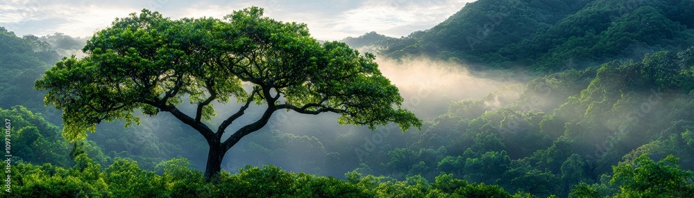 A solitary tree stands amidst misty mountains, surrounded by lush greenery, evoking tranquility and a sense of natural beauty.