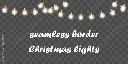 seamless border luminous garland. A lot of round shining electric light bulbs are arranged in an endless horizontal stripe. isolated on a checkered background. for card, greeting, banner, website