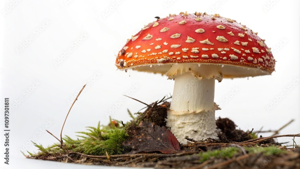 Close-up of fly agaric red mushroom isolated on white background, Fly Agaric Mushroom, Mushroom Macro Photography Close-up of fly agaric red mushroom isolated on white background, Fly Agaric Mushroom, Mushroom Macro Photography