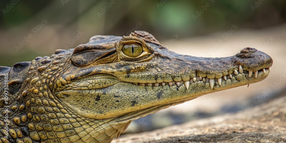 Fototapeta premium Stunning Macro Photography of a Crocodile's Eye, Scales, and Texture â€“ Close Up Wildlife Shot Capturing Natureâ€™s Detail in the Animal Kingdom