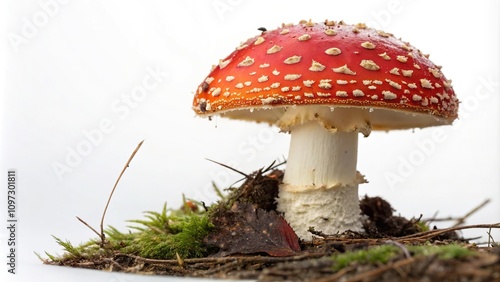 Close-up of fly agaric red mushroom isolated on white background, Fly Agaric Mushroom, Mushroom Macro Photography