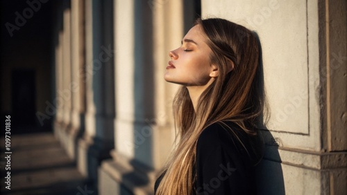 A young woman with long hair stands against a muted backdrop lit from the side. The light emphasizes the graceful curves of her face and highlights the beauty of her features