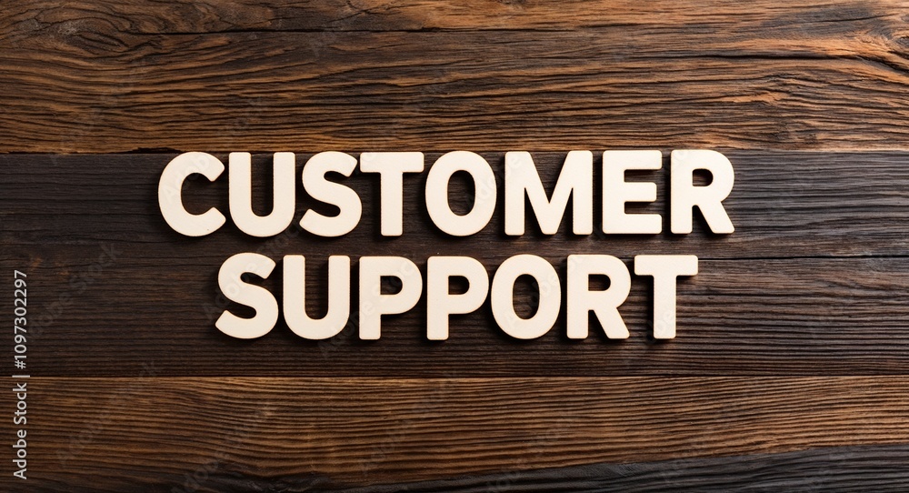 customer support lettering on card with wooden background customer support lettering on card with wooden background