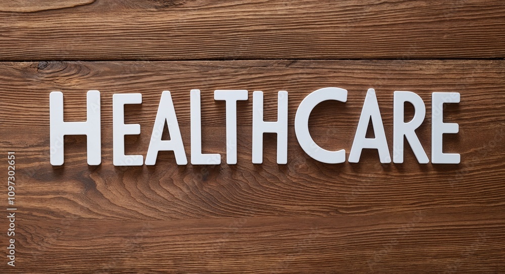 healthcare lettering on card with wooden background healthcare lettering on card with wooden background