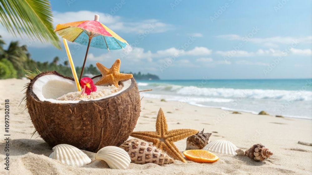 Tropical Paradise: Coconut Cocktail with Starfish, Seashells, and Umbrella - Watercolor Hand-Drawn Illustration for Beach Vibes and Summer Relaxation Tropical Paradise: Coconut Cocktail with Starfish, Seashells, and Umbrella - Watercolor Hand-Drawn Illustration for Beach Vibes and Summer Relaxation