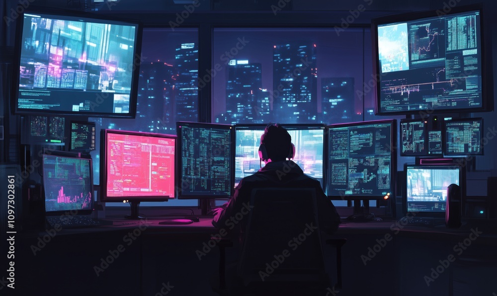 High-tech control room with multiple screens displaying data and city skyline High-tech control room with multiple screens displaying data and city skyline