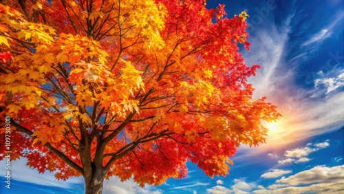 Vibrant Autumn Leaves Against a Clear Blue Sky - Fall Colors, Seasonal Beauty, Nature Photography, Red and Yellow Foliage, Scenic Background, Tree Canopy, Outdoor Bliss