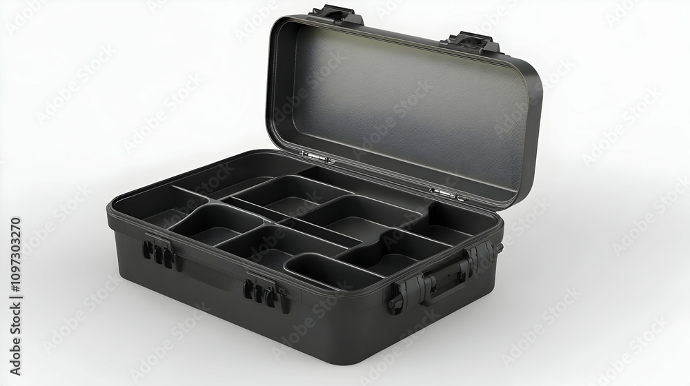 Open black plastic storage box with compartments. Open black plastic storage box with compartments.