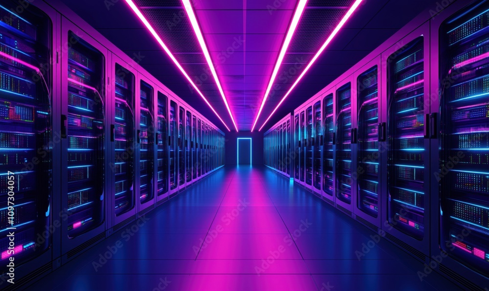 Futuristic data center with neon lights, rows of servers, vibrant colors, sleek design, high-tech environment Futuristic data center with neon lights, rows of servers, vibrant colors, sleek design, high-tech environment