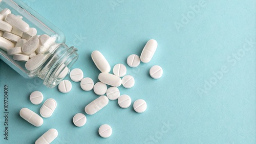 White Pills and Vitamins Spilled from Transparent Bottle on Light Blue Background - Minimalist Medicine Concept for Health and Wellness