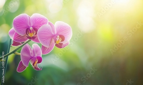 Orchid flowers in sunlight, vibrant pink petals, delicate beauty, lush green background, soft bokeh effect photo