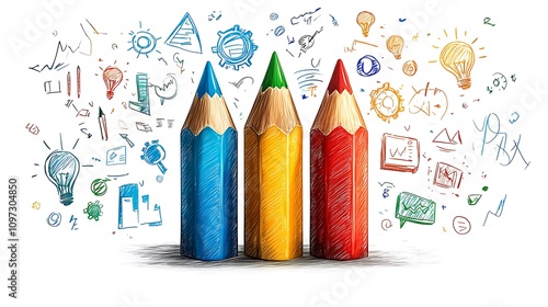  A colorful pencil with arrows pointing up and down design symbolizes the growth of ideas in business or education. The arrows are made from different color designs, such as red for energy design,  photo