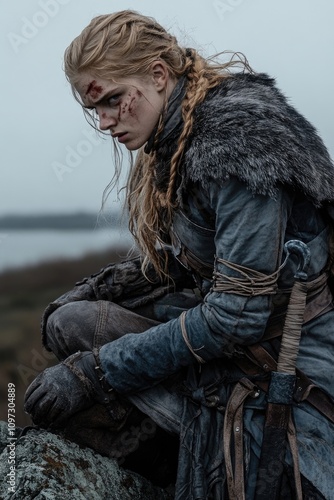 Northern strength: Viking woman warrior, epitome of Scandinavian spirit, navigating harsh cold climates, exemplifying bravery, endurance, honoring ancestral traditions, enduring power of heritage. photo