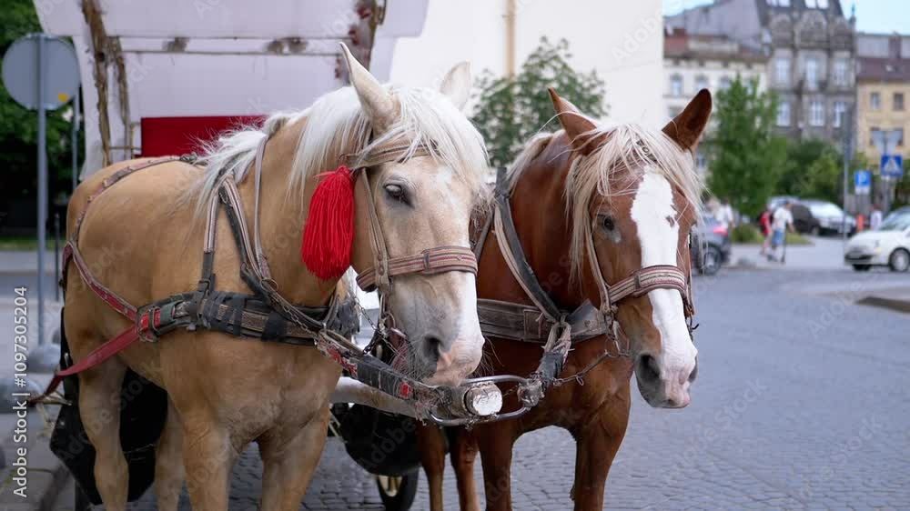 Two Brown Horses Stand in a Team Harnessed to a Cart on a City Street. Excursion or horse-drawn carriage. Close-up, horses chewing. Working horses, animals. Blurred background. Tourism business. Two Brown Horses Stand in a Team Harnessed to a Cart on a City Street. Excursion or horse-drawn carriage. Close-up, horses chewing. Working horses, animals. Blurred background. Tourism business.