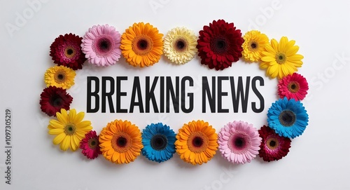 breaking news lettering with colorful flowers on plain white background