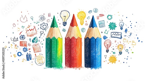  A colorful pencil with arrows pointing up and down design symbolizes the growth of ideas in business or education. The arrows are made from different color designs, such as red for energy design,  photo