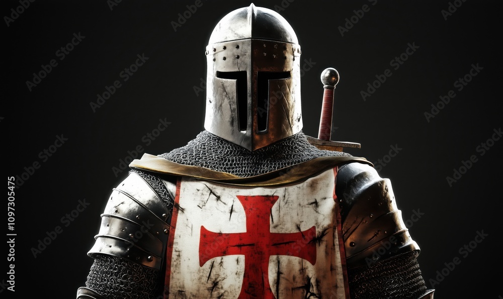 Knight armor with cross emblem, detailed metal helmet, chainmail, sword, historical warrior attire Knight armor with cross emblem, detailed metal helmet, chainmail, sword, historical warrior attire