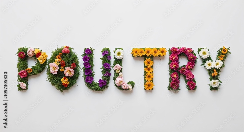 Poultry lettering with colorful flowers on plain white background Poultry lettering with colorful flowers on plain white background
