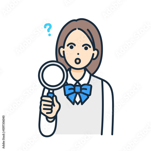 疑問を調査する女の子のベクターイラスト素材。ルーペで何かを探す女子高生。