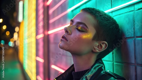 A young person with short hair leans against a neondrenched wall their eye makeup glistening with holographic pigments that shift from gold to emerald. The combined effect is photo