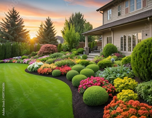 This stunning garden showcases a vibrant array of colorful flowers and lush bushes, creating a picturesque landscape that captivates the senses. The harmonious blend of hues and textures invites visit photo