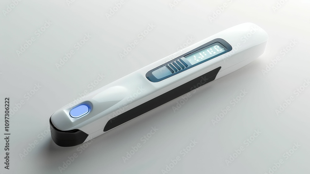 A sleek, modern digital thermometer with a clear display and ergonomic design, suitable for precise temperature readings. A sleek, modern digital thermometer with a clear display and ergonomic design, suitable for precise temperature readings.