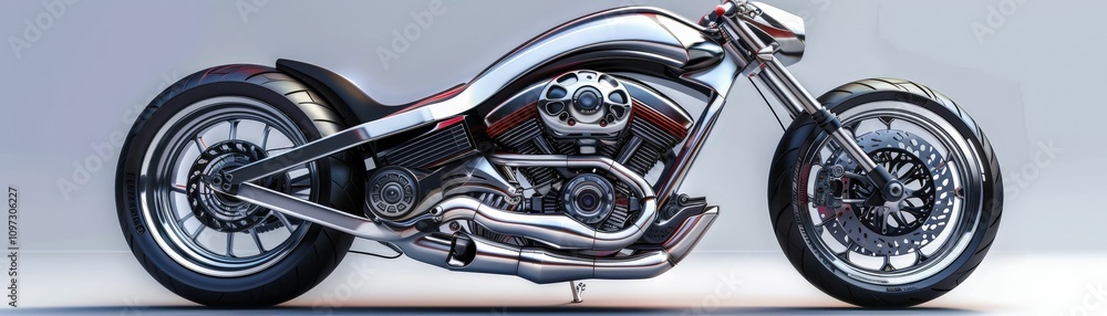 A sleek, modern motorcycle with a chrome finish and distinctive design, showcasing intricate details and a powerful build. A sleek, modern motorcycle with a chrome finish and distinctive design, showcasing intricate details and a powerful build.