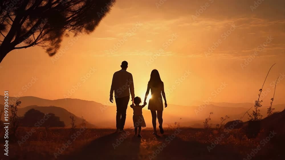 Happy family: mother father and child daughter on nature on sunset Happy family: mother father and child daughter on nature on sunset