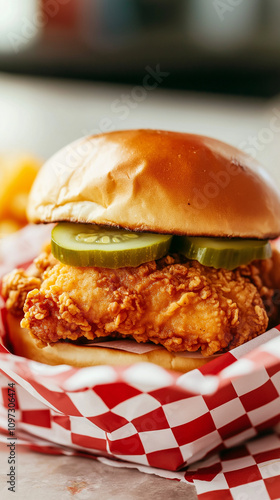 Crispy fried chicken sandwich being served in red checkered paper