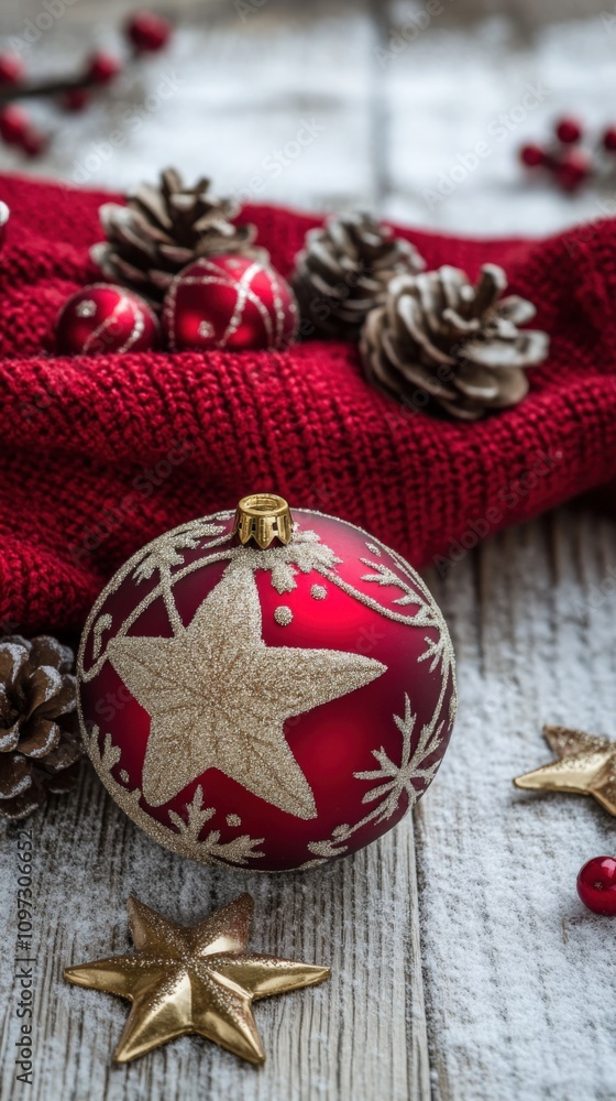 Fototapeta premium Elegant Red Christmas Ornament with Pinecones and Festive Decor