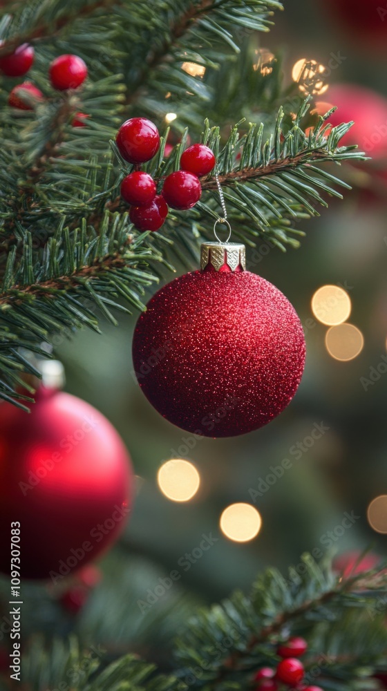 Festive Christmas Ornament on Pine Tree Branch with Bokeh Lights Festive Christmas Ornament on Pine Tree Branch with Bokeh Lights