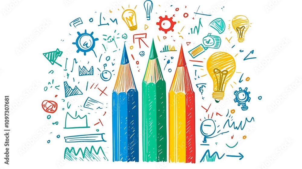 A colorful pencil with arrows pointing up and down design symbolizes the growth of ideas in business or education. The arrows are made from different color designs, such as red for energy design, A colorful pencil with arrows pointing up and down design symbolizes the growth of ideas in business or education. The arrows are made from different color designs, such as red for energy design,