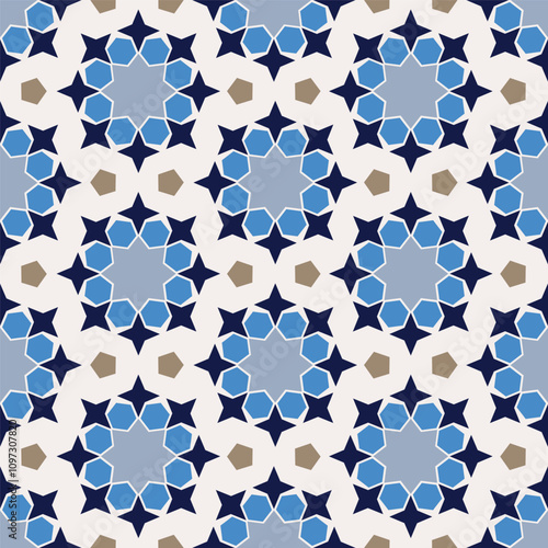 Pattern of abstract figures on different tones of blue on a soft color background photo