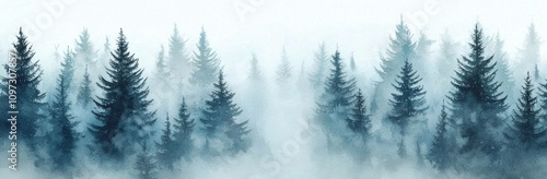 Misty forest landscape with tall pine trees surrounded by dense fog, creating a serene and mystical atmosphere. Nature and tranquility concept.