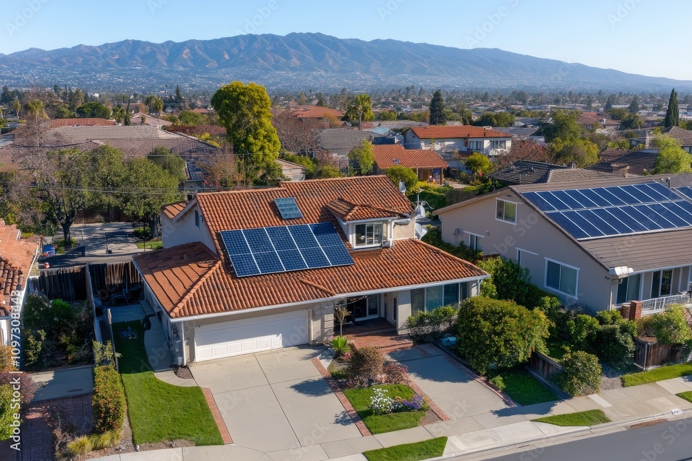 Aerial View of a Modern Residential Home with Solar Panels and Scenic Mountain Background in a Suburban Neighborhood Under Bright Blue Sky Aerial View of a Modern Residential Home with Solar Panels and Scenic Mountain Background in a Suburban Neighborhood Under Bright Blue Sky