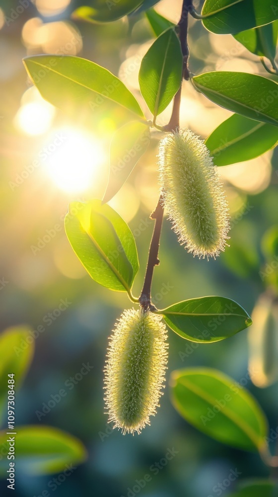 Sunlit Close-Up of Fuzzy Fruit on Green Foliage Sunlit Close-Up of Fuzzy Fruit on Green Foliage