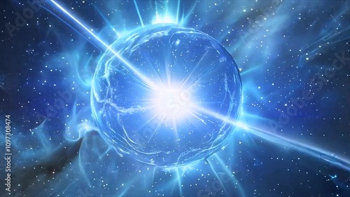Blue star shining, pulsar in universe. Space footage, frame for creative project. Bright star light rays effect, animation. Journey into the depths of  blue star. 
