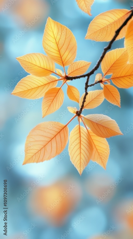 Bright Autumn Leaves against a Soft Blue Background Bright Autumn Leaves against a Soft Blue Background
