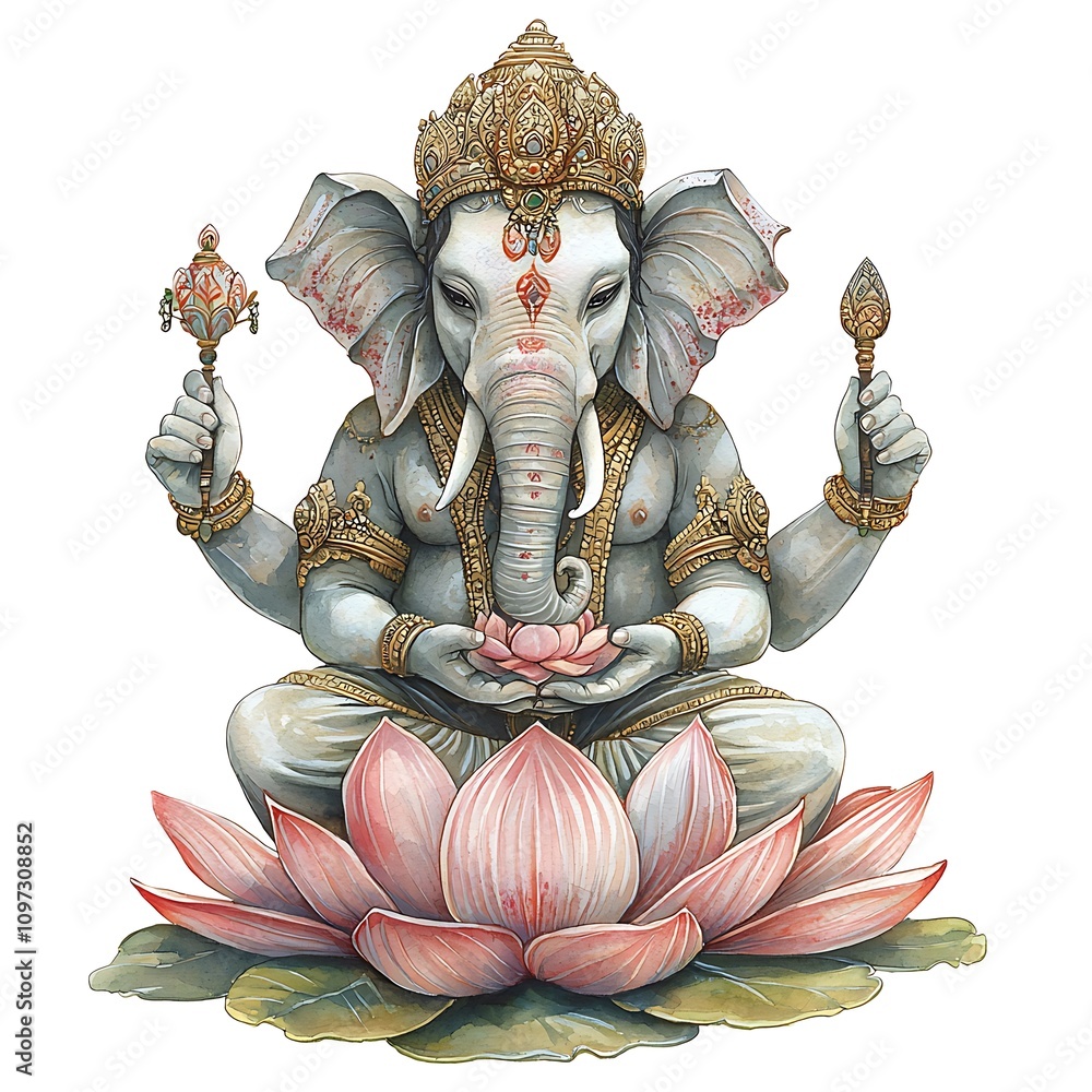 Fototapeta premium Serene Watercolor Painting of Ganesha, the Hindu Elephant God, Seated on a Lotus Flower.