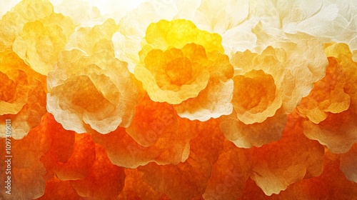 Semi translucent golden floral clusters with glowing edges, resembling crystalline petals, emphasizing warmth, fragility, and organic inspired abstraction photo